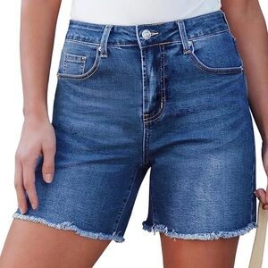 High-Rise Frayed Hem Women’s Denim Shorts - Blue